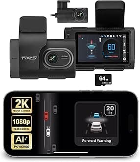 Type S T200 AI Driver Assistance Dash Cam Powered by ADAS, 1440p, Collision Alerts, Lane and Pedestrian Detection, Vehicle Departure Reminders, Front Rear 2 Channel Smart 24/7 Video Surveillance
