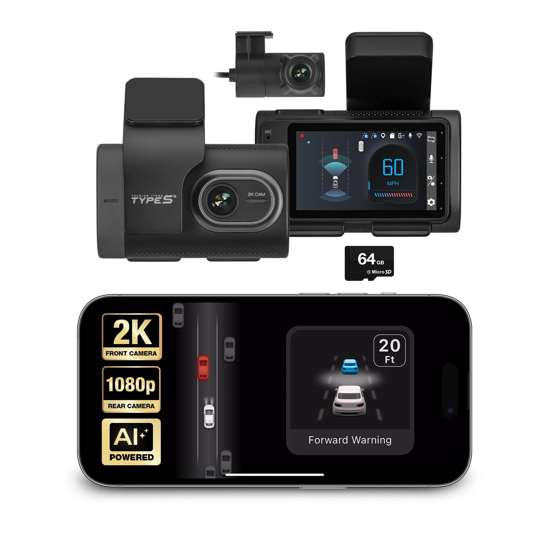 Type S T200 AI Driver Assistance Dash Cam Powered by ADAS, 1440p, Collision Alerts, Lane and Pedestrian Detection, Vehicle Departure Reminders, Front Rear 2 Channel Smart 24/7 Video Surveillance