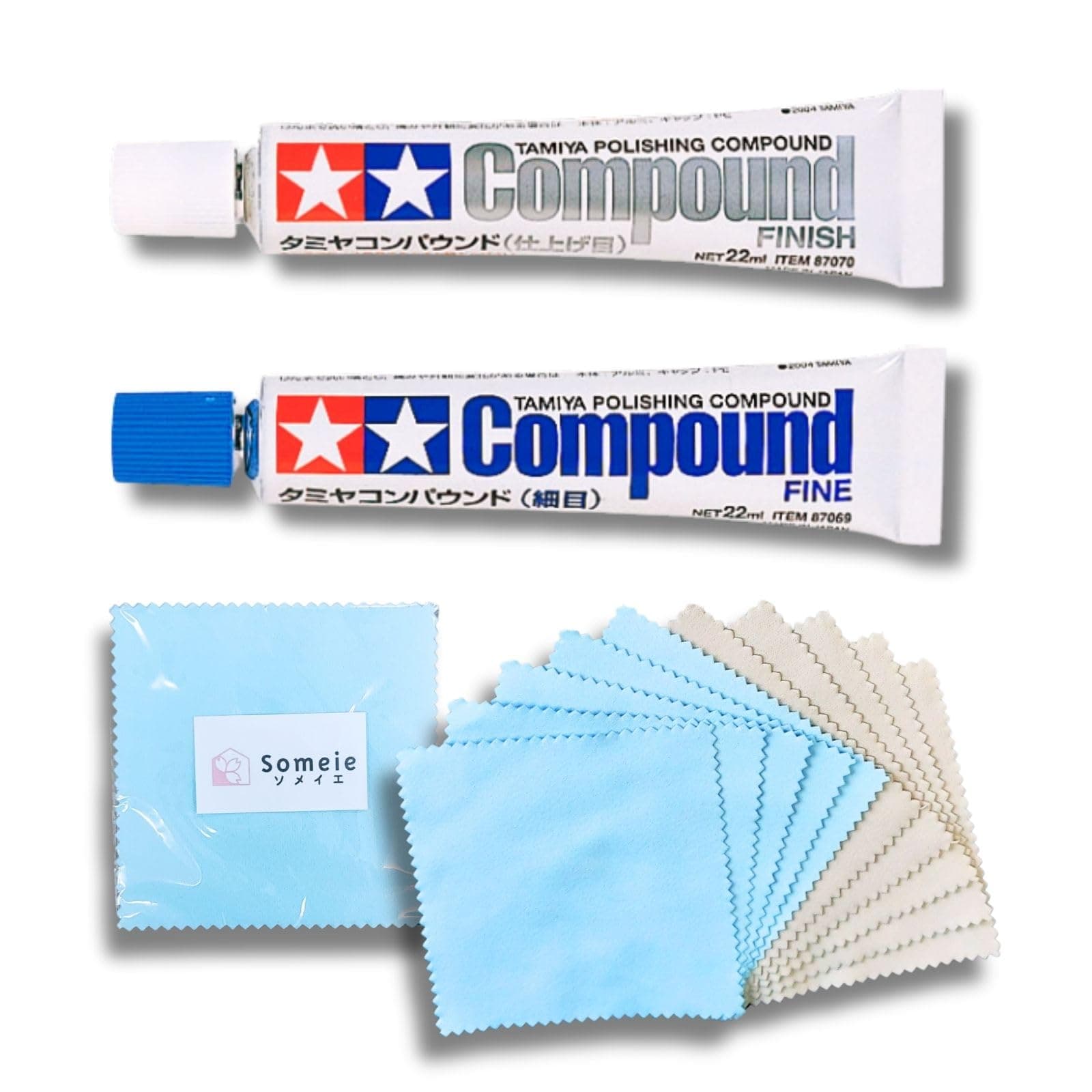 Tamiya Polishing Paste Fine Compound 87069＆Finishing Compound 87070＆Compound Applicator Cloths in Two Colors, 5 Sheets Each, Total 10 Sheets Set