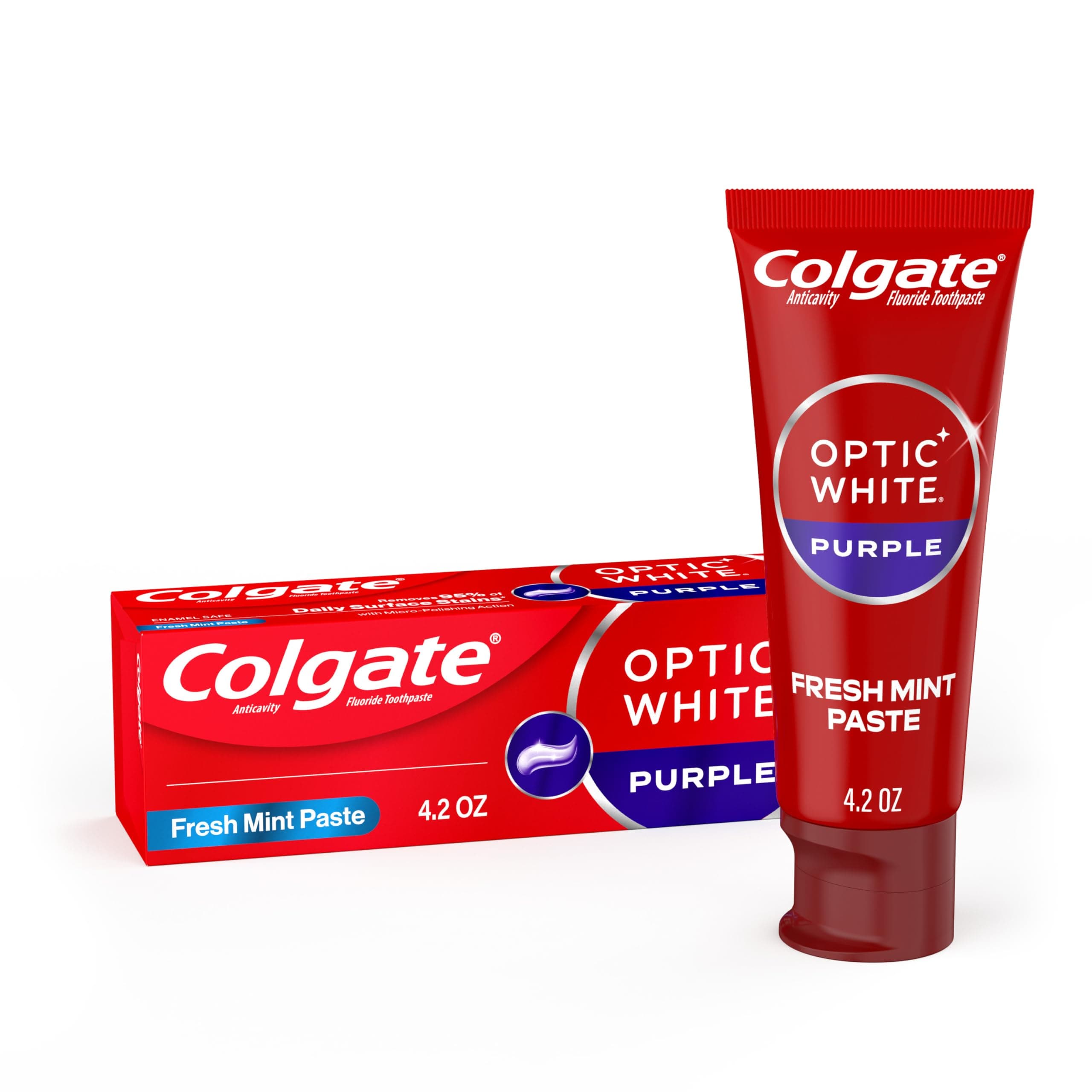 Colgate Optic White Purple Toothpaste for Teeth Whitening, Helps Remove Surface Stains and Polishes Teeth, Enamel-Safe Mint Paste, 4.2 oz