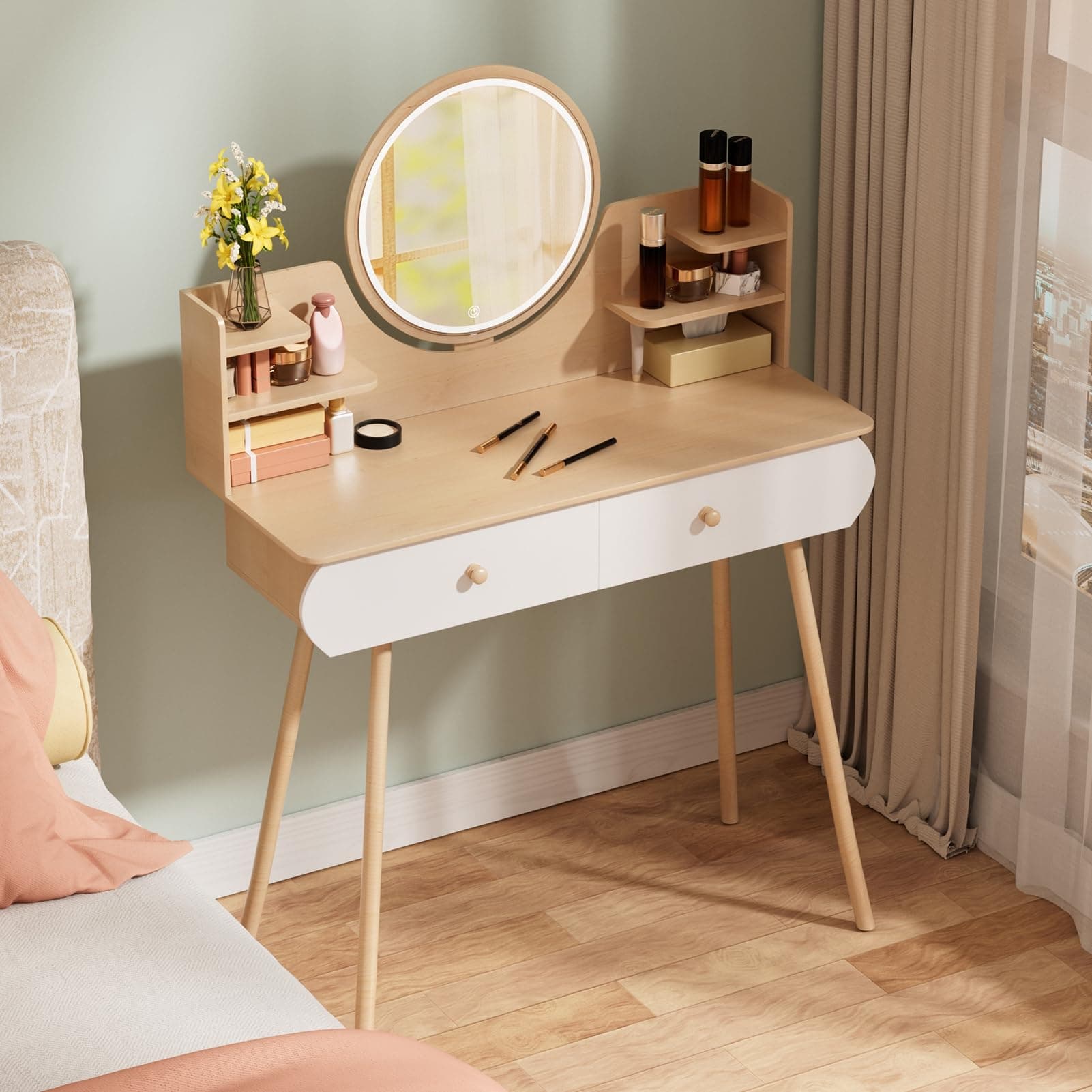 Desk Mirror with Light, Makeup Vanity Desk with LED Lighted Mirror, Vanity Table with 2 Drawers and Opening Shelves, Bedroom Dressing Table, Vanity Lights for Mirror 3 Modes Brightness Adjus