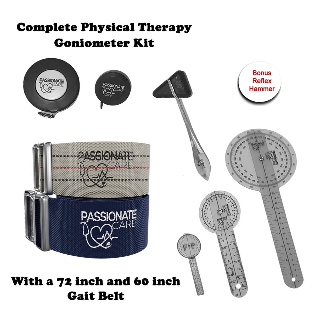 Goniometer Physical Therapy Set with 3 Sizes Plus Reflex Neurological Hammer, Medium and Small Measuring Tape Plus a 62 Inch and 70 Inch Gait Belt. Complete Set.