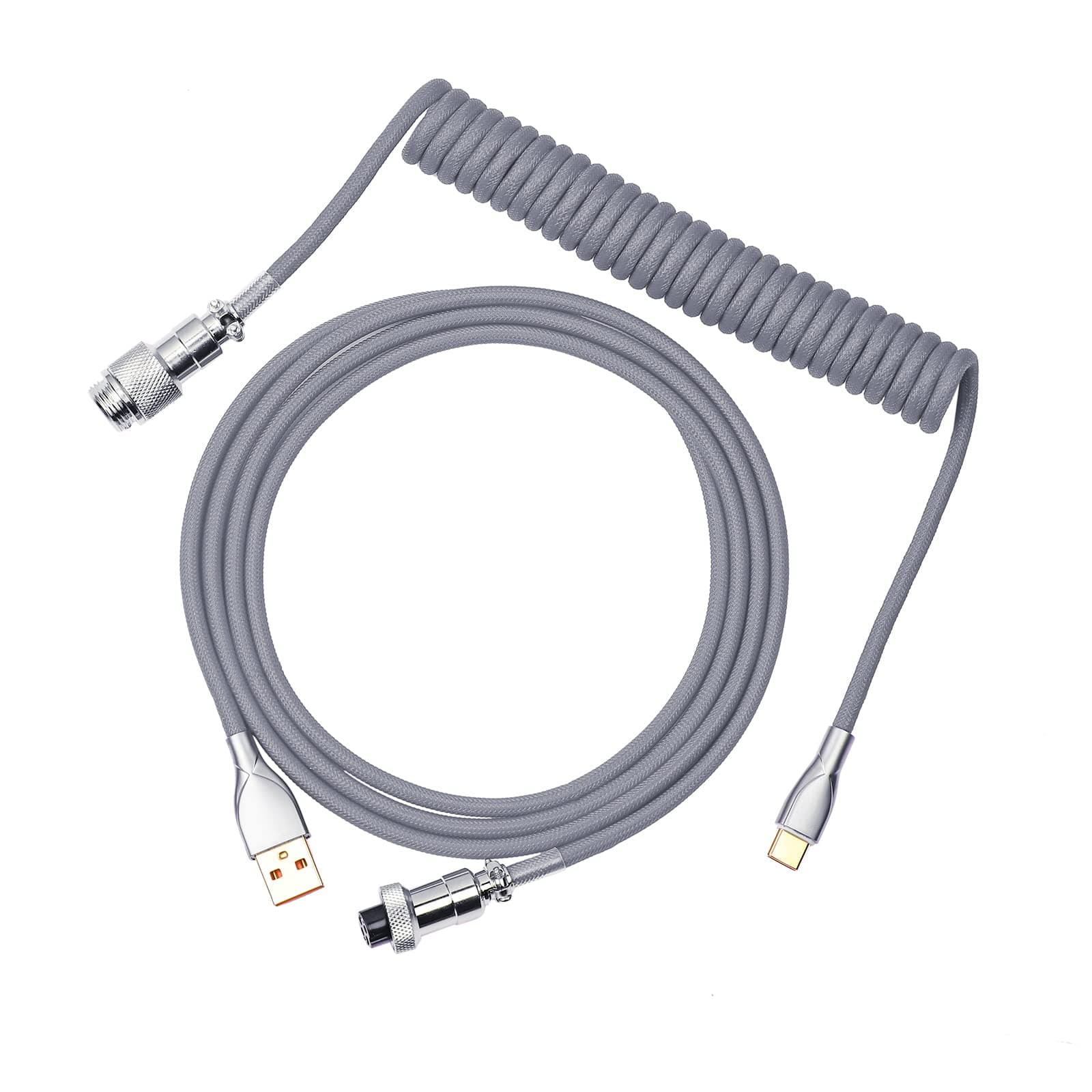 Mix 1.8m Coiled Type-C to USB A TPU Mechanical Keyboard Space Cable with Detachable Aviator Connector for Gaming Keyboard and Cellphone (Grey)