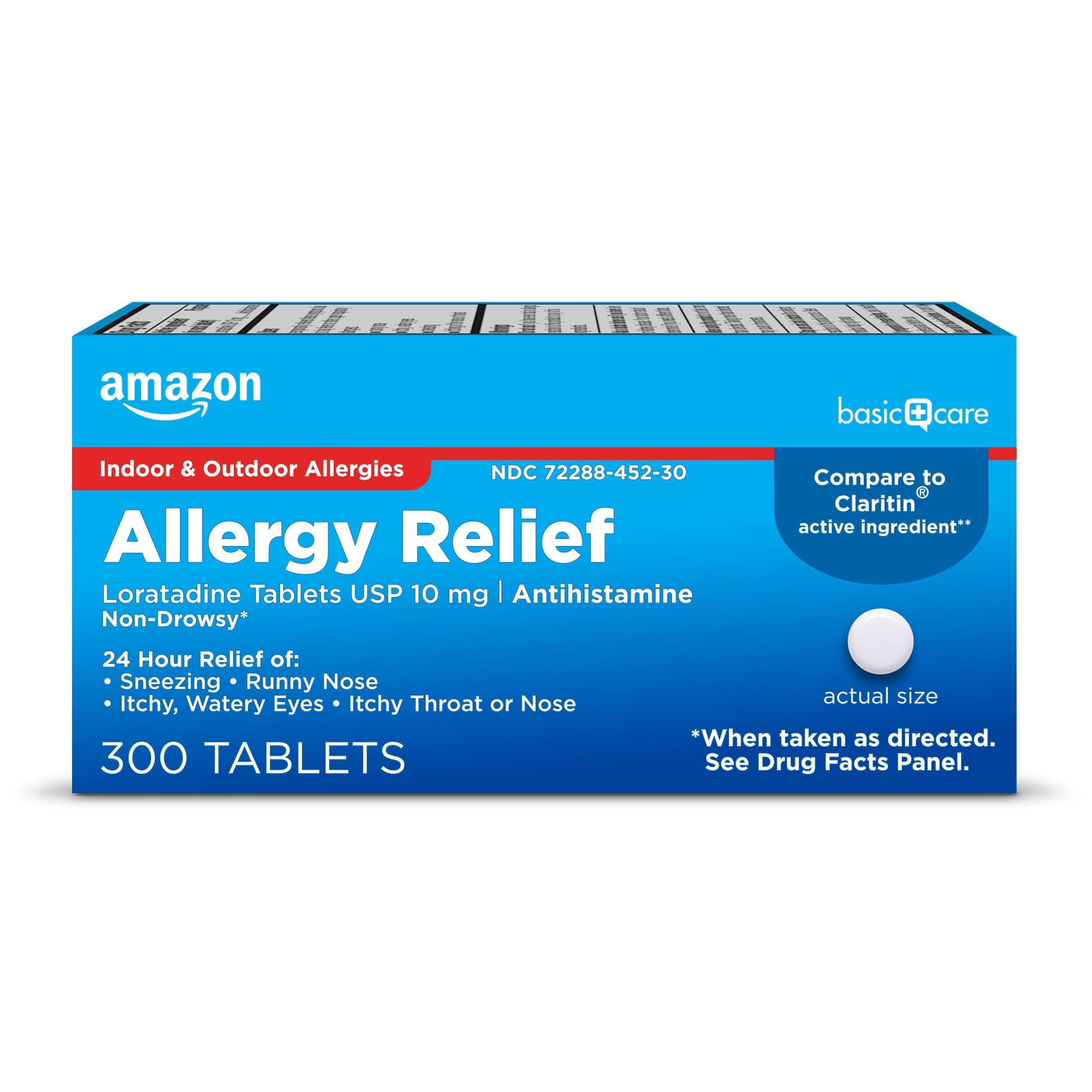 Amazon Basic Care Allergy Relief Loratadine Tablets 10 mg, 24-Hour Non-Drowsy Antihistamine for Runny Nose, Sneezing, Itchy Eyes, 300 Count (Packaging may vary)