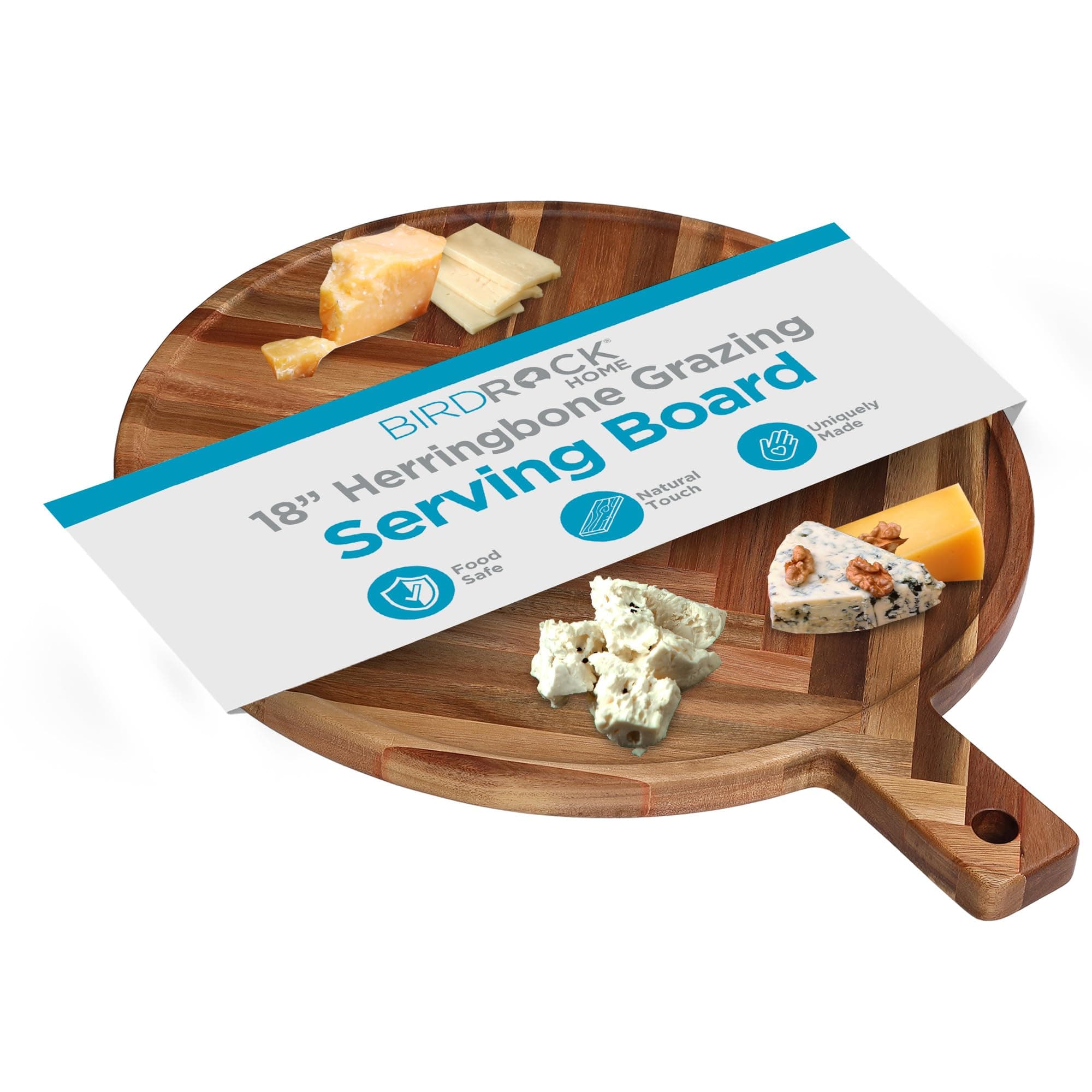 BIRDROCK HOME 18in Herringbone Grazing Serving Board | Acacia Wood Rectangular Charcuterie Board with Handle | Natural Color | Large Board