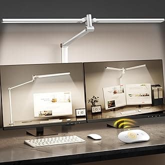LED Desk Lamp, Double Swing Arm Wide Lighting Area Desk Lamps for Home Office with Stepless Dimming, Eye-Caring Architect Desk Light with Clamp for Reading, Study, Workbench, Drafting(White)