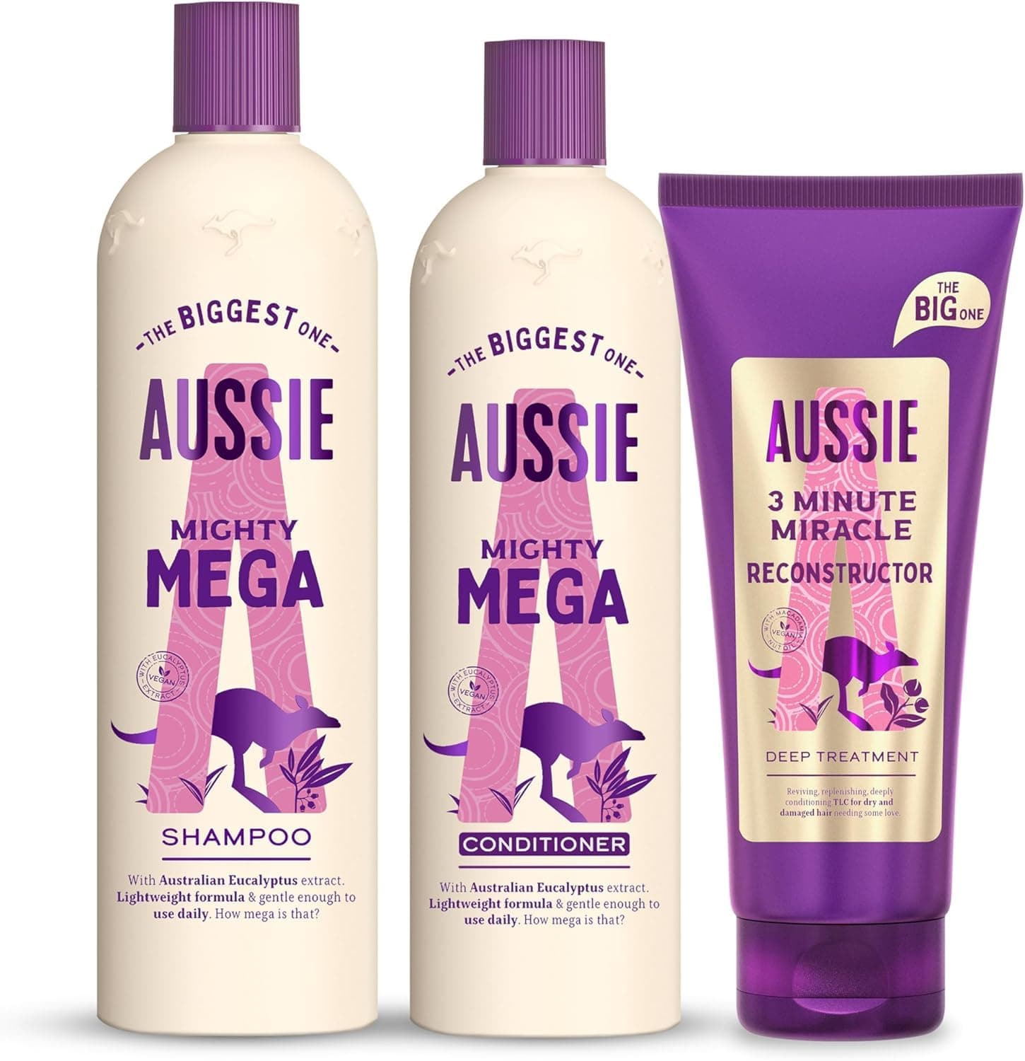 Aussie Mighty Mega Shampoo & Conditioner Set + 3 Minute Miracle Reconstructor Deep Hair Treatment (675/470/350ml). Lightweight, Vegan Formula for Soft, Shiny Hair with Macadamia Oil. Cruelty-Free