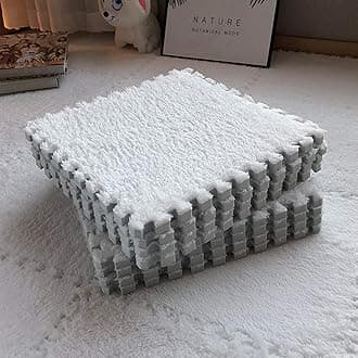 Interlocking Carpet Shaggy Soft EVA Foam Mats Fluffy Area Rugs Protective Floor Tiles Exercise Play Mat for Children Kids Room Home Parlor Bedroom (12 pcs, White)