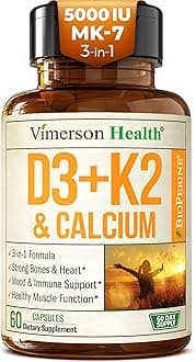 Vitamin D3 K2 Supplement – All-in-1 Support for Immune, Bone & Heart Health with Vitamin D + Vitamin K (as MK7) – K2 D3 (5000 IU) Vitamin Supplement with Black Pepper for Max Absorption, 60 Capsules