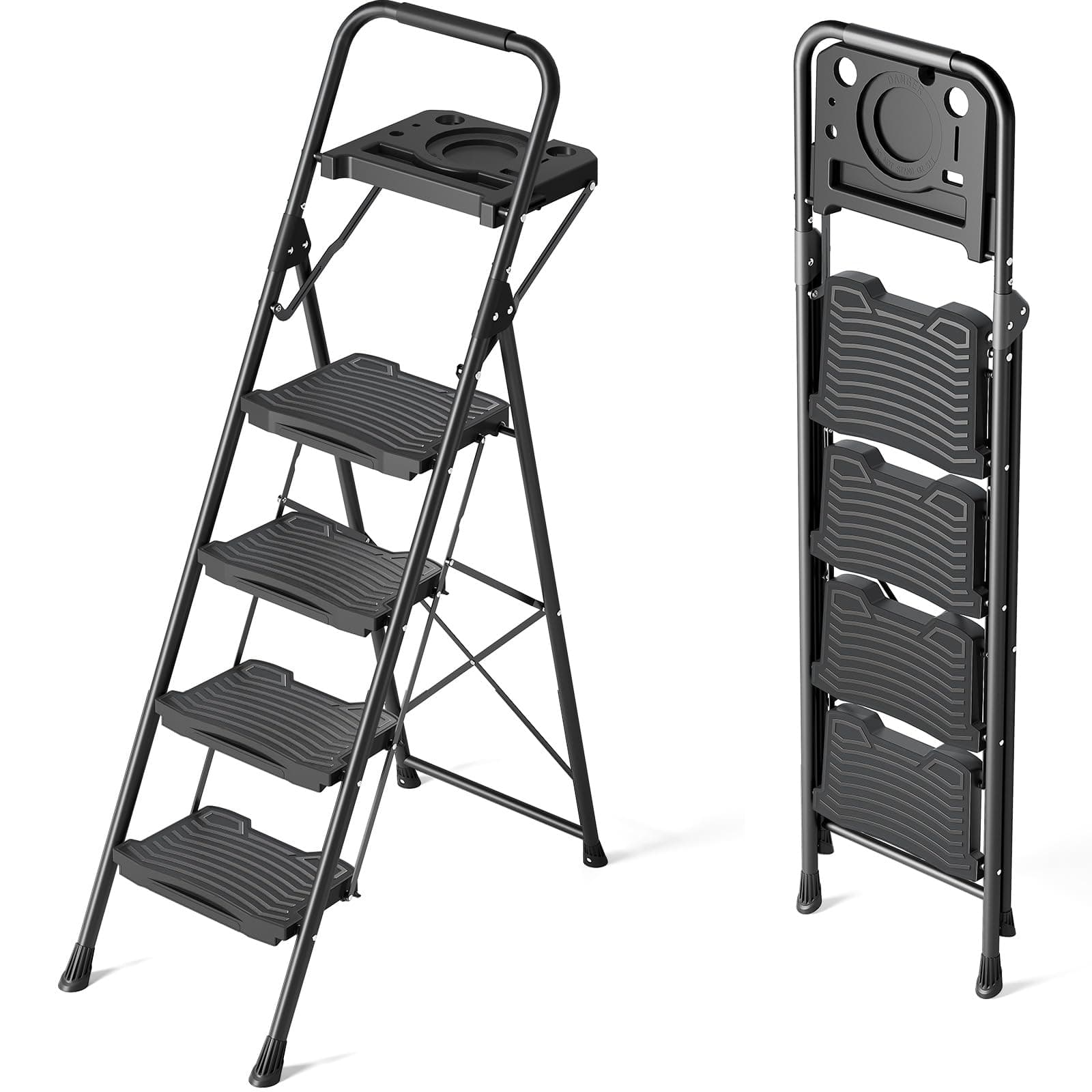 4 Step Ladder with Tool Tray, Sturdy Step Stool with Handrail, Anti-Slip Wide Pedals, Foldable Step Stool for Home, Garage, Garden, Black