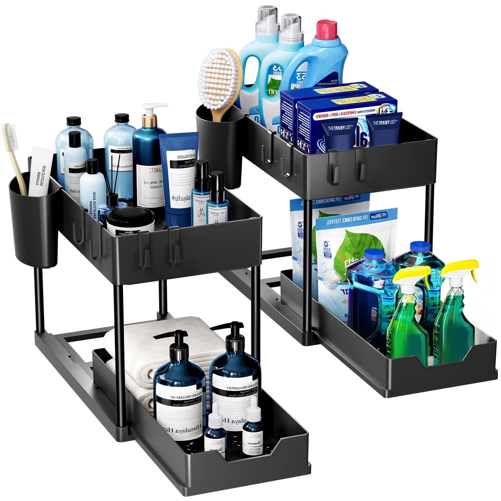 Puricon 2 Pack Under Sink Storage Kitchen Organiser, 2 Tier Under Sink Shelf with Slide Out Drawer, Multi-purpose Under Sink Bathroom Storage Rack for Countertop Laundry -Black