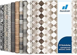 CV Cushioned Vinyl Flooring PVC Tile Effect, Structured Vinyl Flooring, Tile Optic Flooring for Kitchen, Bathroom, Home or Commercial (200 x 500 cm, Toscana Sand)