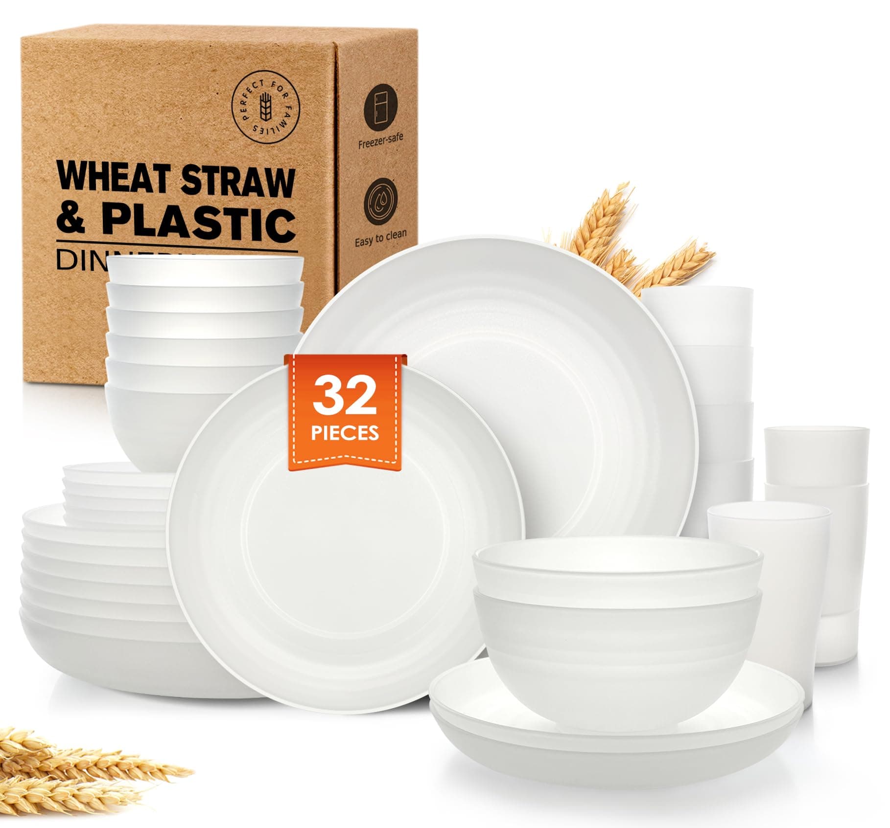 Teivio32-Piece Kitchen Plastic Wheat Straw Dinnerware Set, Service for 8, Dinner Plates, Dessert Plate, Cereal Bowls, Cups, Unbreakable Colorful Plastic Outdoor Camping Dishes,Clear