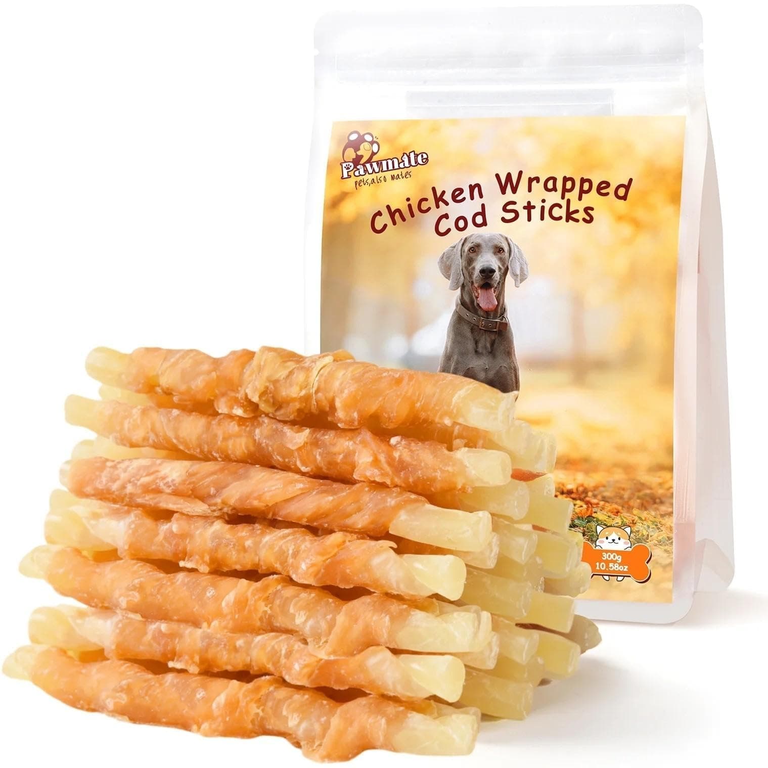 Dog Treats Chicken Wrapped Cod Sticks, Natural Chicken Cod Jerky Treats Rich in Omega-3, High Protein Chewy Training Treats Dog Snacks for Small Medium Large Dogs, 15-17 Counts, 10.6 oz