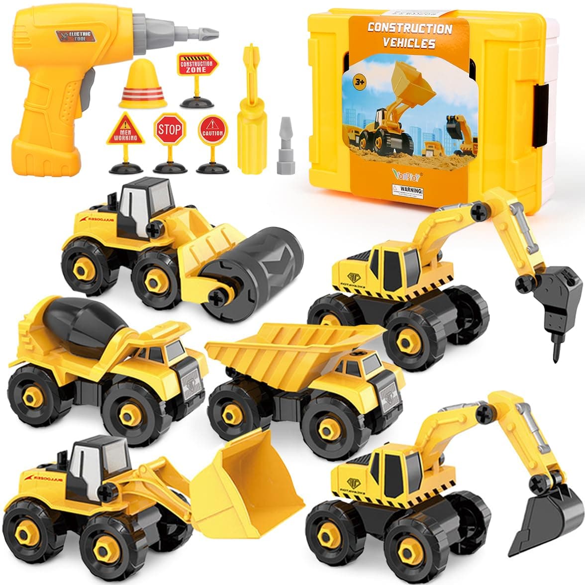 Vanplay 6 in 1 Take-Apart Construction Vehicles include Toy Drill & Box, Digger Excavators Truck Building STEM Learning Gift, Electric Drill Toy Set for Boys Girls 3 4 5 Years Old