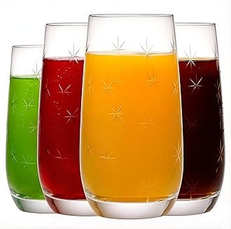 SHOSHIN Hand-Cut Highball Glasses – 17 oz Set of 4, Premium Lead-Free Crystal Drinking Glasses with Star Pattern, Ideal for Water, Collins Cocktails, and More, Dishwasher Safe