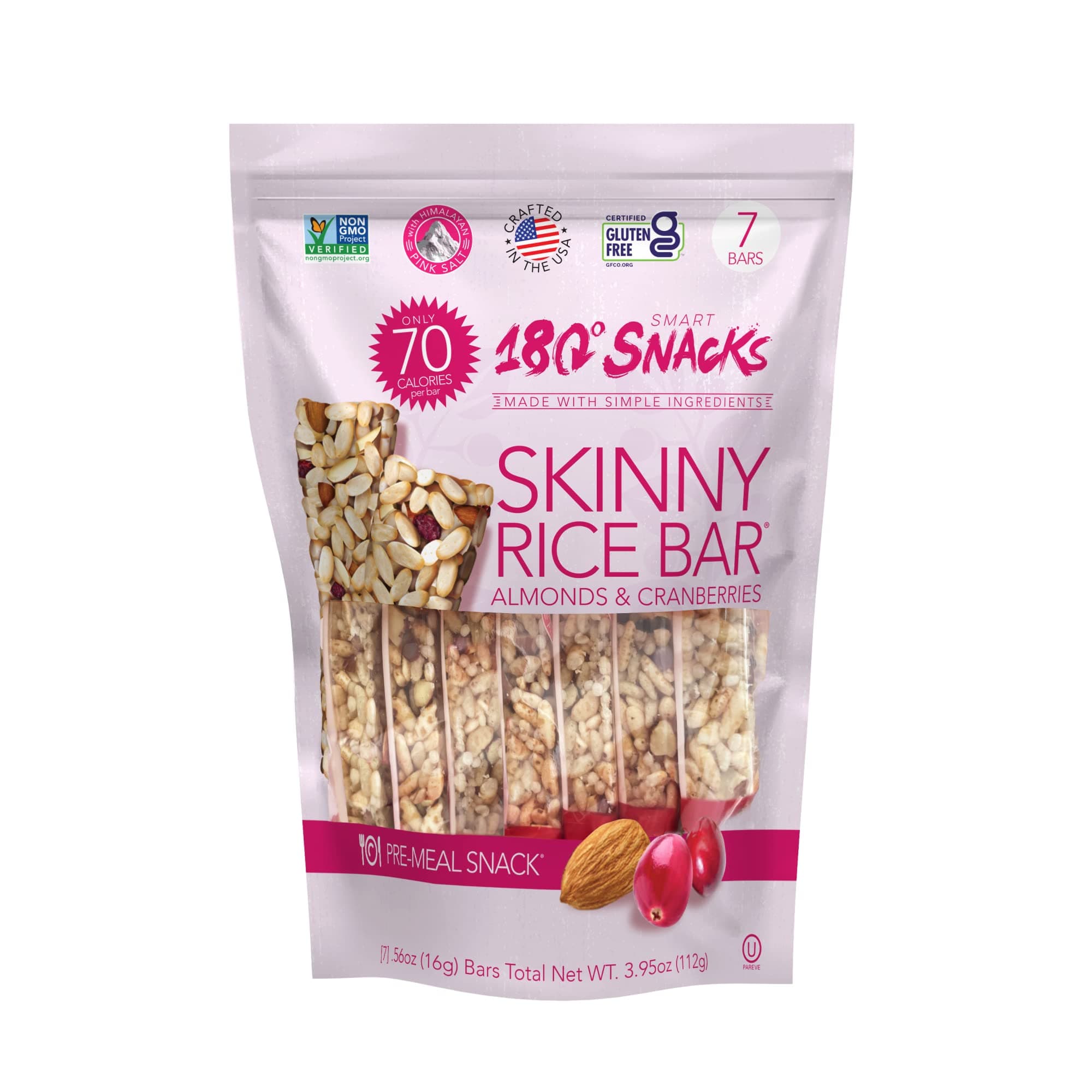 Pre-Meal Snack Skinny Rice Bar with Himalayan Salt 1 Pack, 3.22oz (Cranberry & Almond)