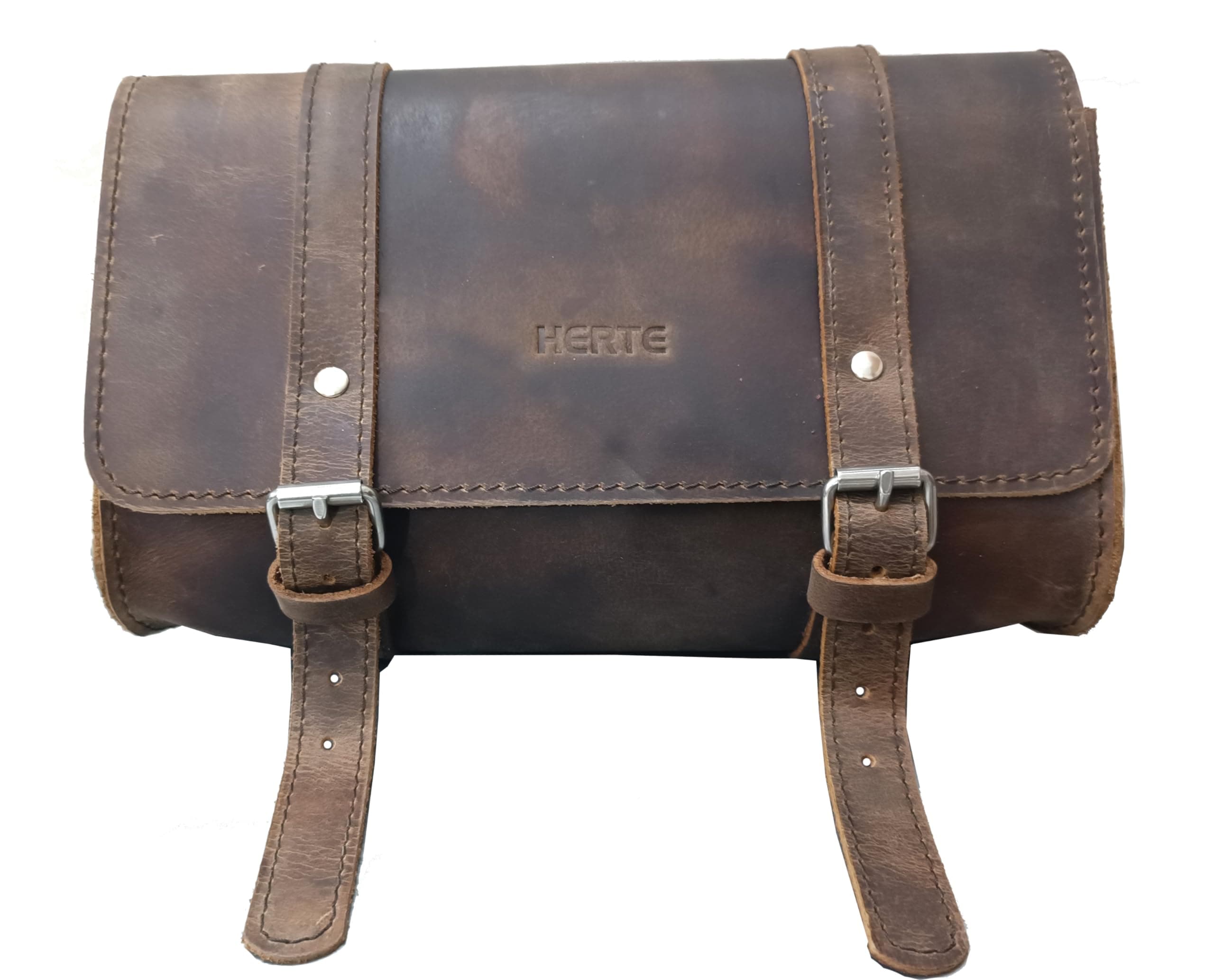 HERTE Motorcycle Leather bag 2 Strap Buckle Closure Tool Bag Quick Release saddle pouch Handlebars Forks Sissy Bar 10" Vintage retro (Brown)