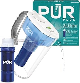 PUR PLUS 7-Cup Water Filter Pitcher with 1 Lead-Reducing PUR Plus Filter, Dishwasher Safe, Powerful Filtration, Filter Change Indicator Light, White, PPT711W