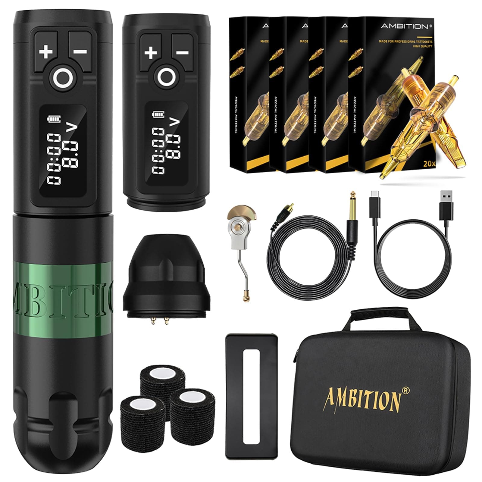 Ambition Soldier Wireless Tattoo Machine Kit Complete Rotary Coreless Motor Tattoo Pen Kit with Extra 2400mAh Battery 80pcs Glory Mixed Size Cartridge Needles Supply for Professional Tattoo Artist