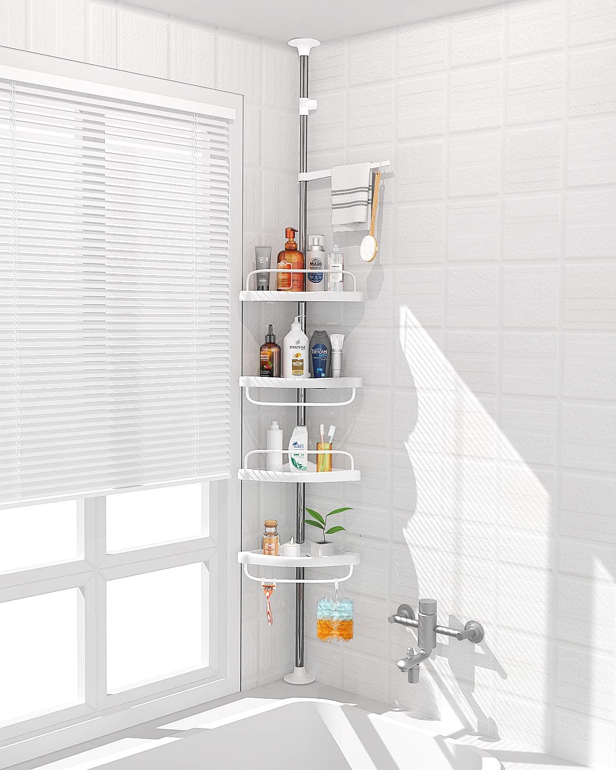 ADOVEL4 Layer Corner Shower Caddy, Adjustable Shower Shelf, Constant Tension Stainless Steel Pole Organizer, Rustproof 3.3 to 9.8ft