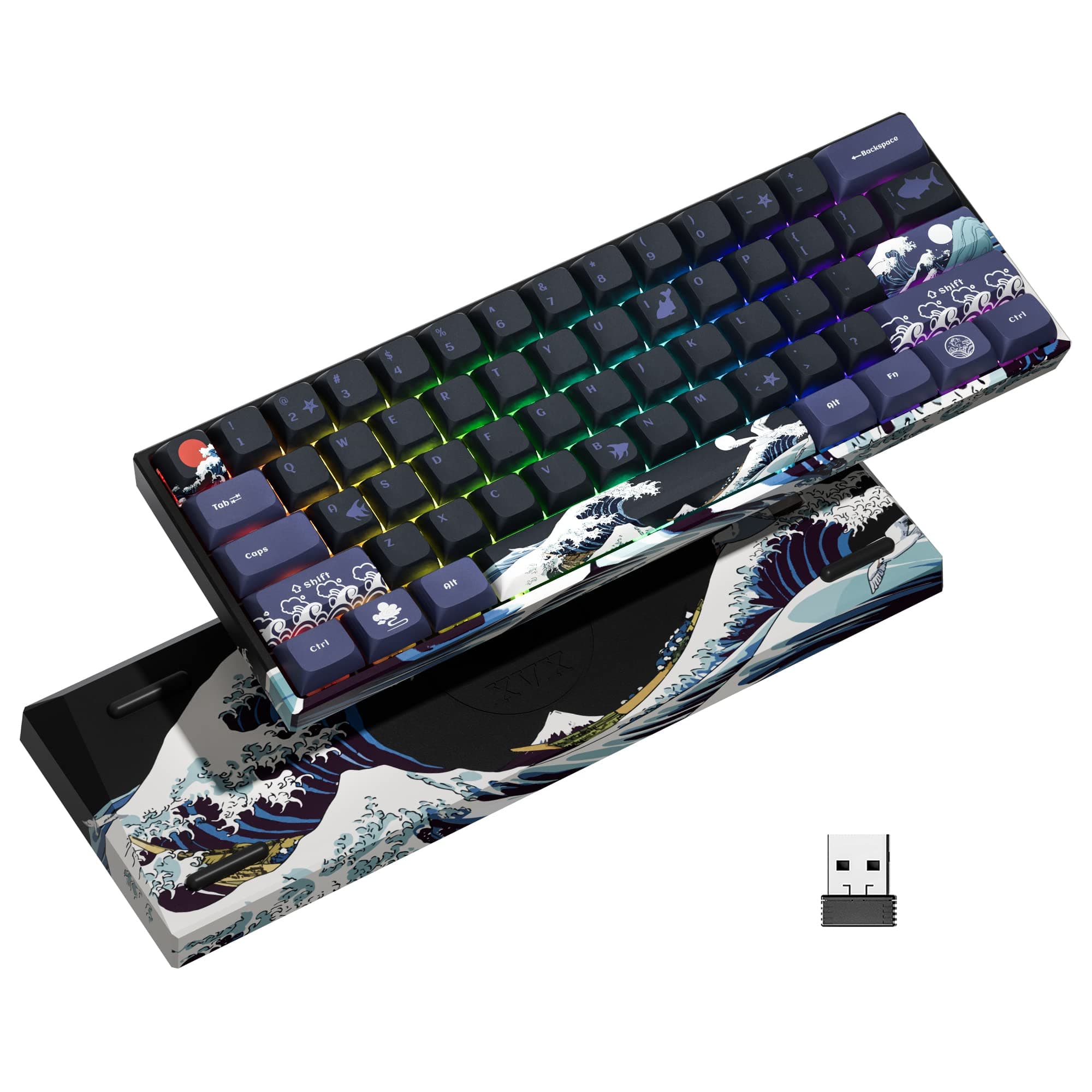 XVX 60% Gaming Keyboard, 3 Modes RGB Wireless Mechanical Keyboard, 60% Mini Gamer Keyboard with Hot-Swappable Pre-Lubricated Linear Switch for Windows and Mac (Great Wave Off