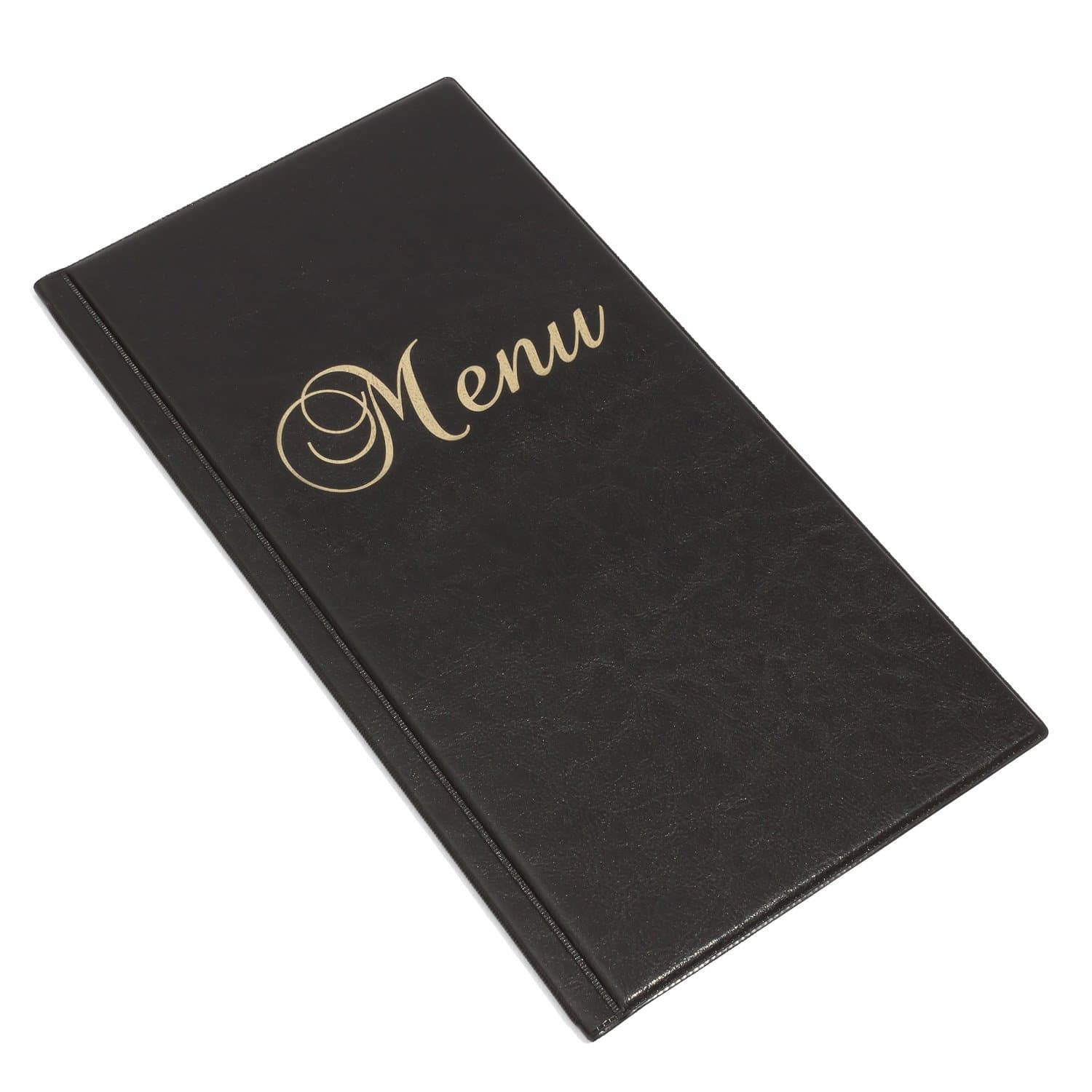 Black 1/2 A4 faux leather menu folder with 6 transparent sleeves