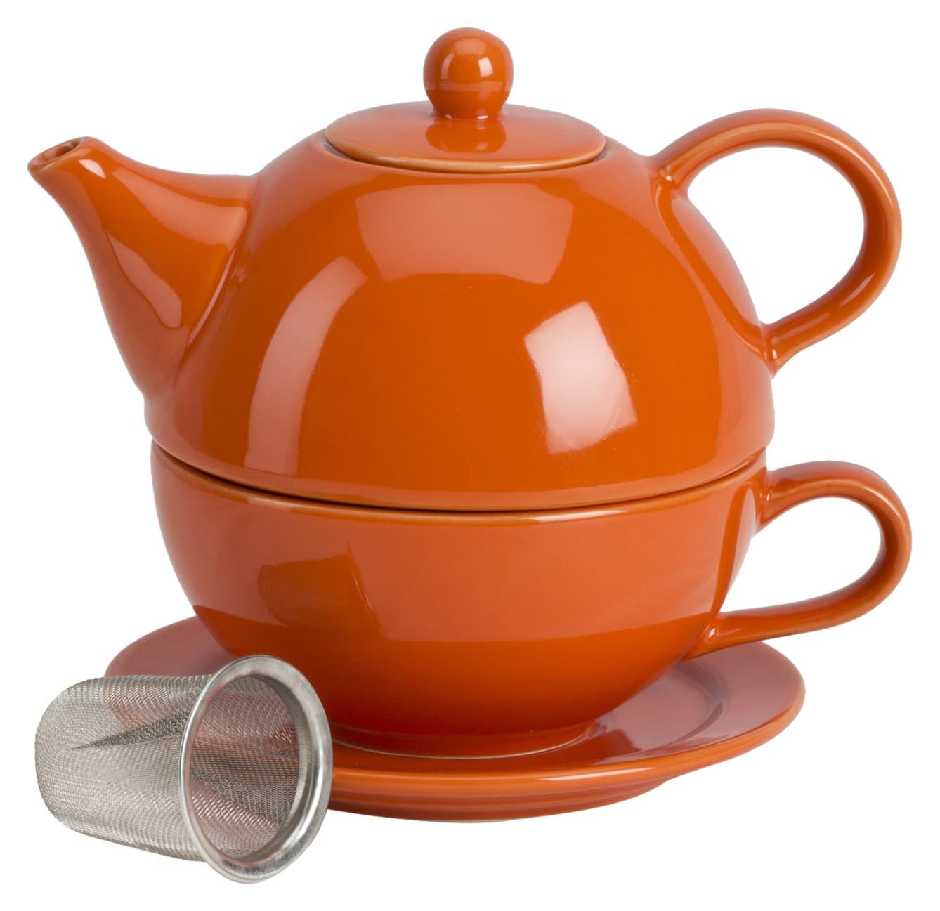 Omniware Teaz Tea for One Set - 10 Oz Teapot, 8 Oz Mug, Saucer, Removable Stainless Steel Infuser - Lead-Free Glaze Stoneware, Drip-Free Spout, Stackable, Dishwasher Safe (Orange)