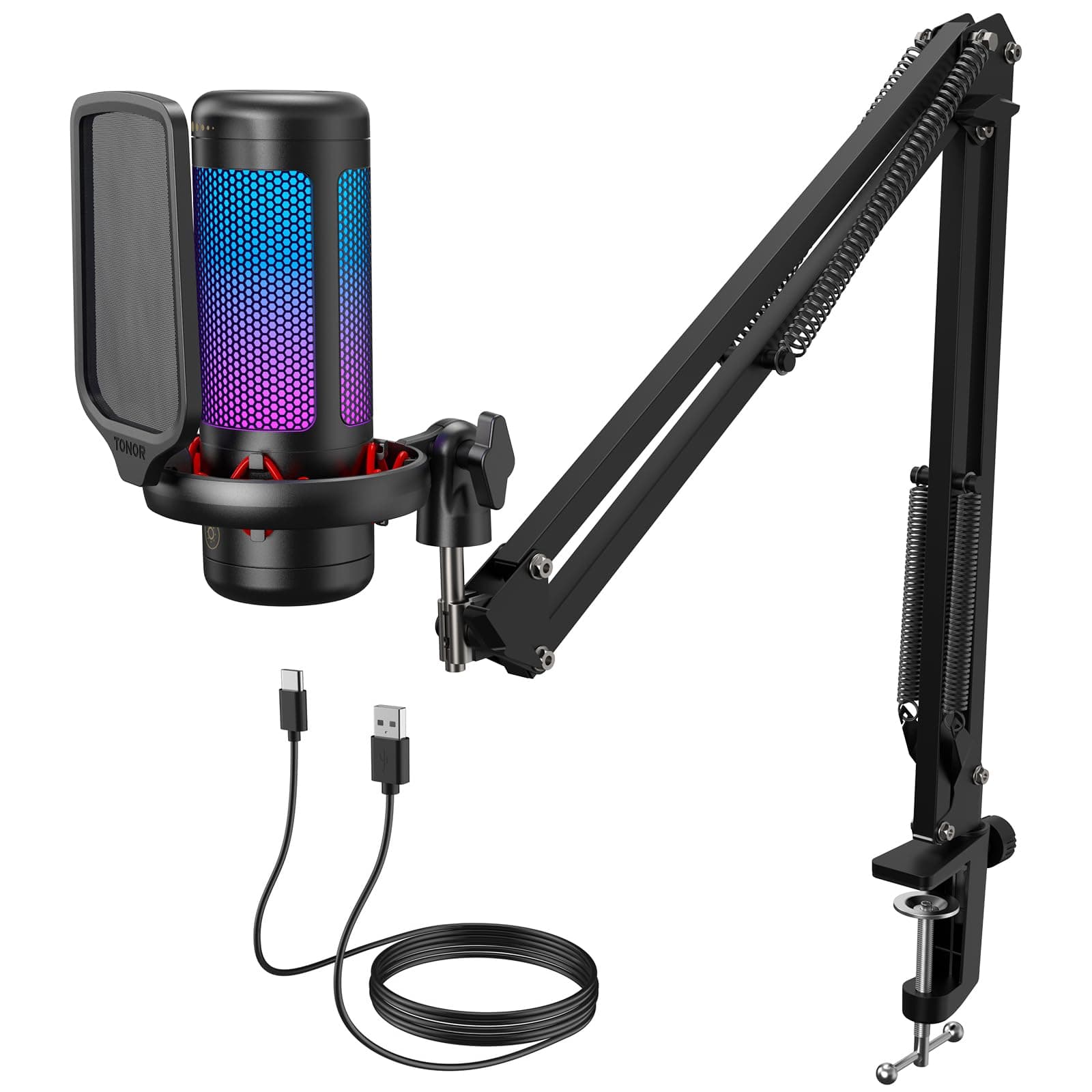 – TONOR Micro PC Gaming RGB, USB Microphone Condenser Professional Mic with Arm Support for Streaming, Recording, YouTube Discord Gaming, Voice-over for Computer Laptop Mac TC310+, Black