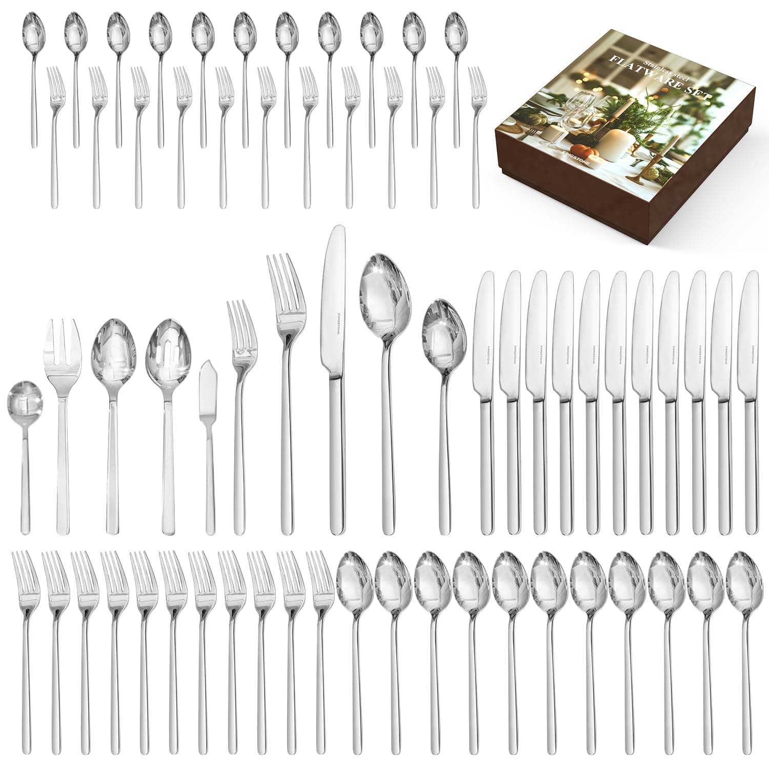 KINGSTONE Silverware Sets with Serving Utensils, 65 Piece Flatware Set for 12 with Gift Box