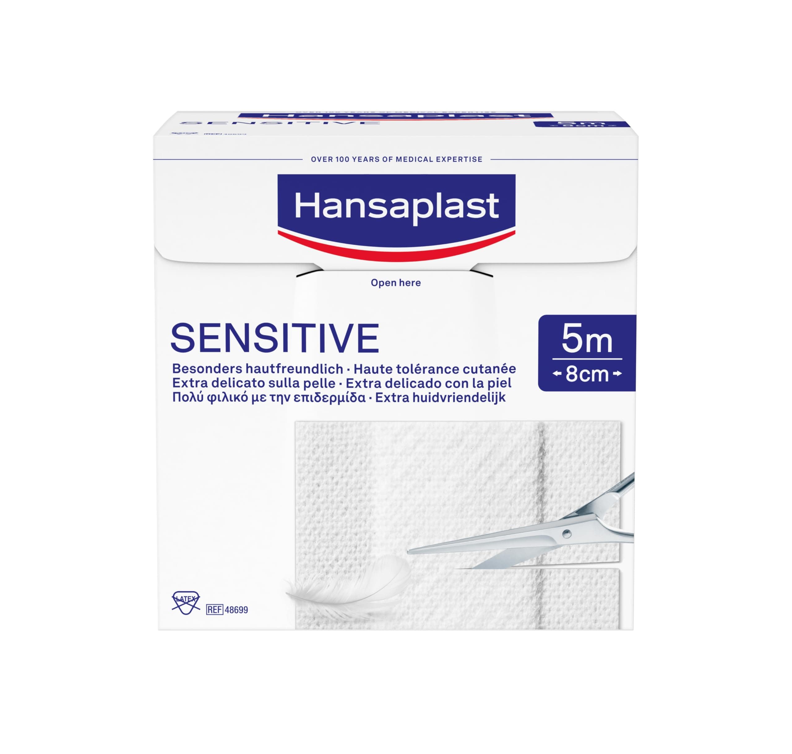 Hansaplast Sensitive Plasters (5 m x 8 cm), Cut to Size and Skin-Friendly Wound Plasters with Safe Adhesion, Painless to Remove Plasters
