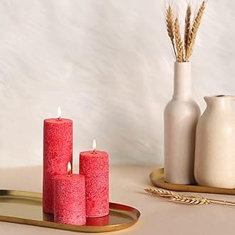 by Parkash Candle Set of 3 Fragrace Pillar Candles | Red Pillar Candles | Marble Finish (Red - Rose Fragrance)