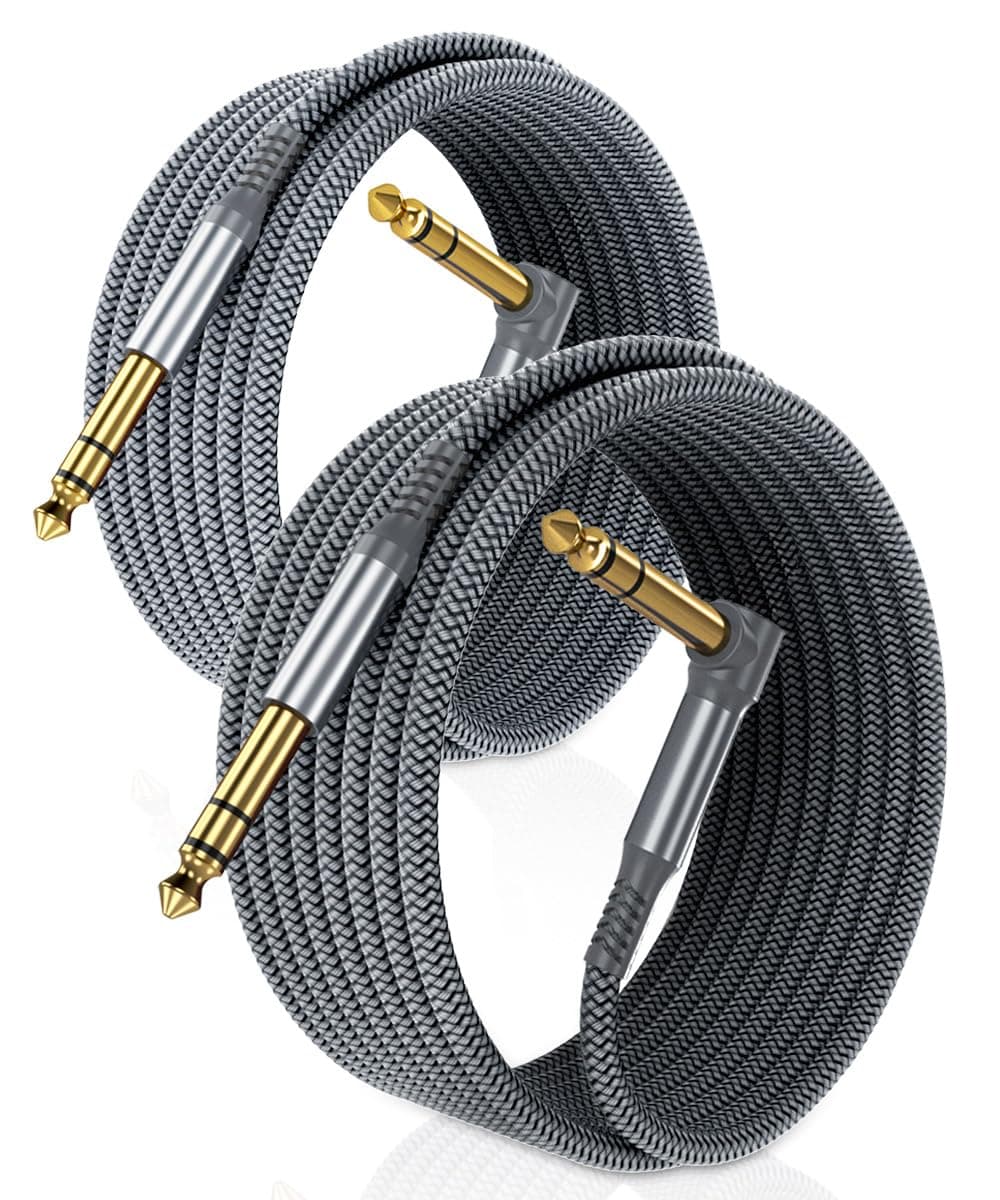 RUXELY 6.35mm TRS Instrument Cable 3M 2-Pack,Right Angle 90 Degree 1/4 Inch Male Jack Stereo Audio Cord,6.35 Balanced Line Lead for Electric Guitar,Bass,Keyboard,Mixer,Amplifier/AMP,Speaker,Equalizer