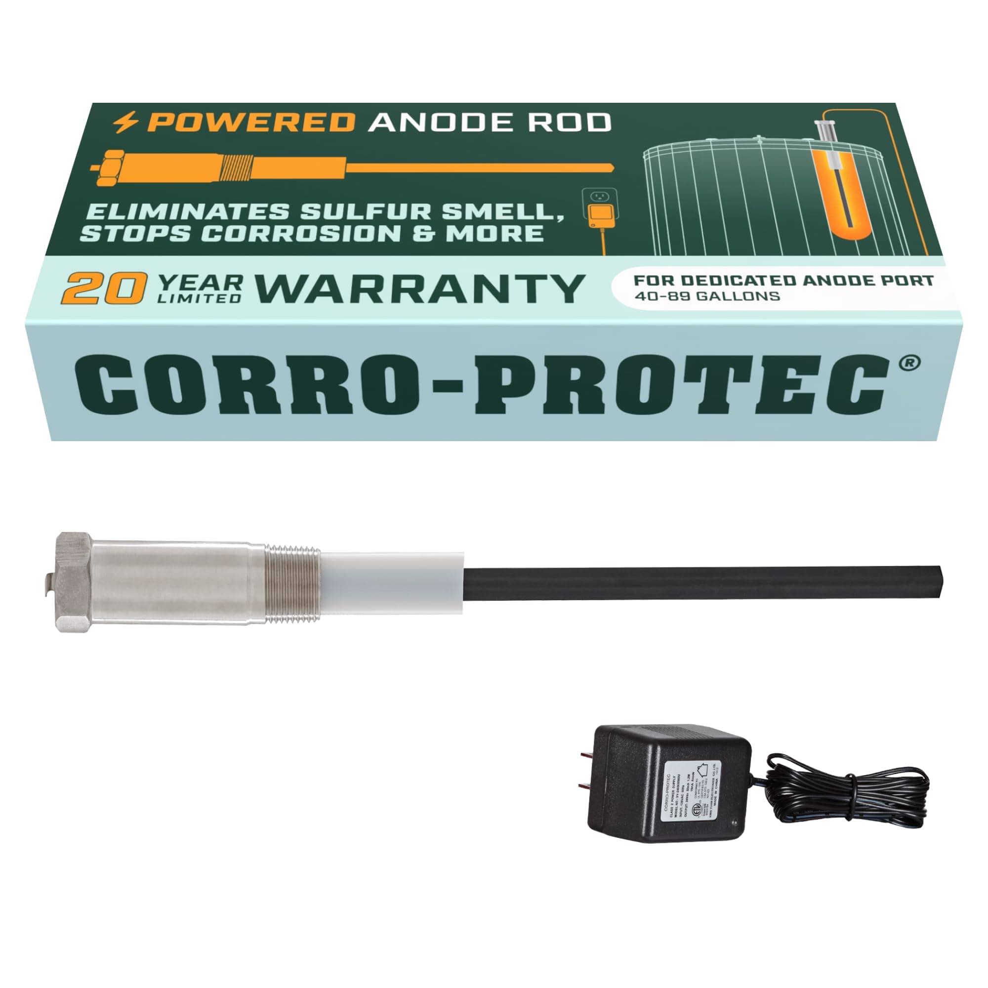 Corro-Protec™ Powered Anode Rod for Water Heater, 20-Year Warranty, Eliminates Rotten Egg/Sulfur Smell within 24 hours, Stops Corrosion and Reduces Limescale, Electrical Anode Rod Made of Titanium
