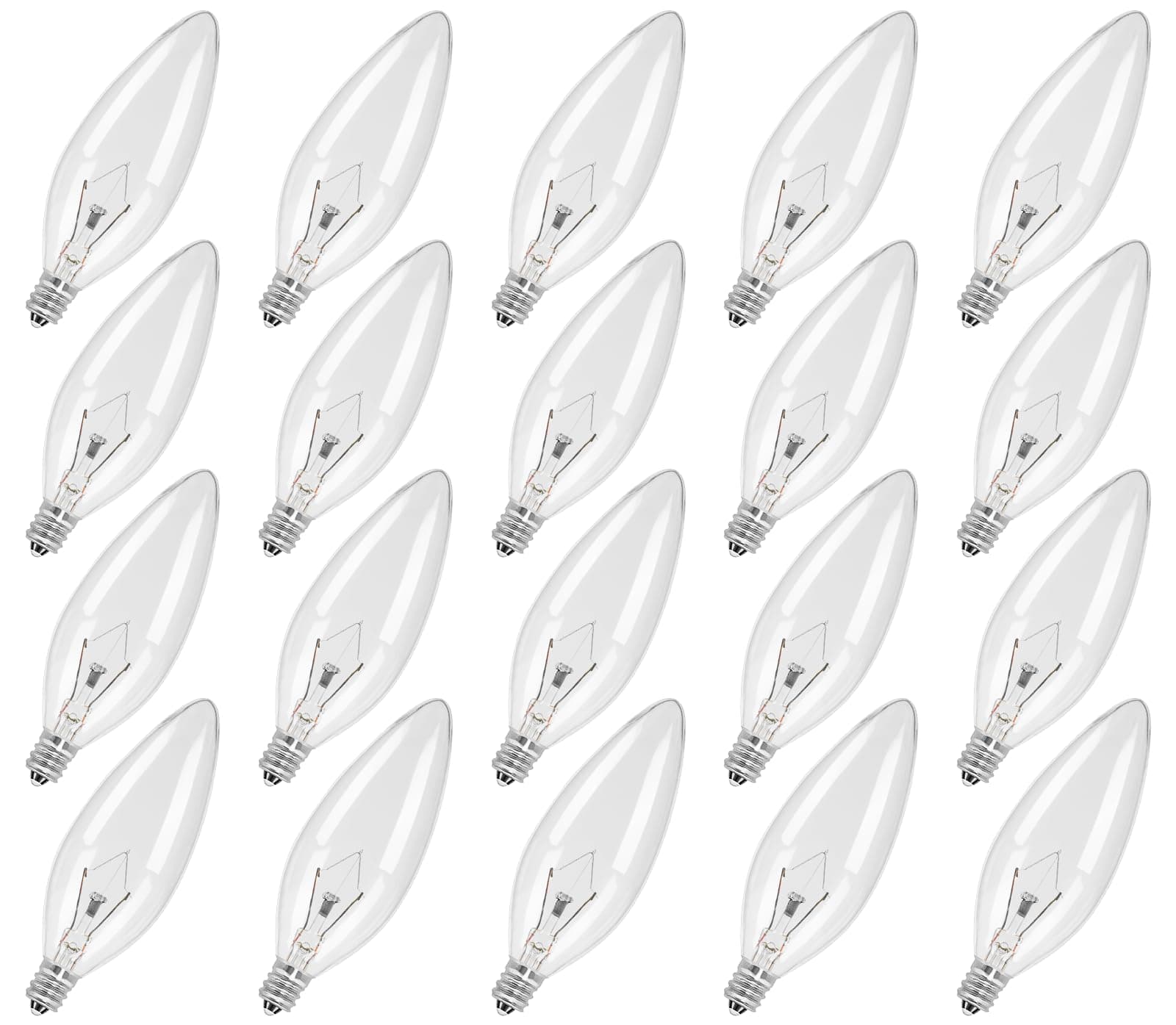 20-Pack E12 Candle Light Bulbs 40W Warm White 2500K, 380 Lumen Dimmable Chandelier Light Bulbs for Ceiling Fan, Pendants or Outdoor, B10 Clear Candelabra Base Bulbs