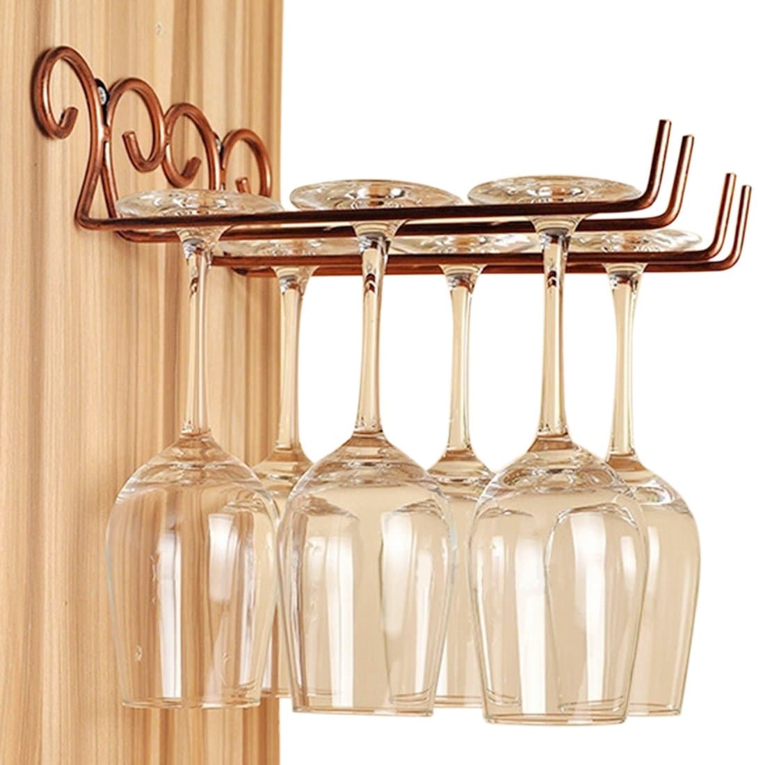 Stemware Rack, Hipsteen 2 Rows 6 Glasses Stainless Steel Wall Mounted Wine Glasses Rack Hanger Holder Glassware Rack for home, Bar, Club - Bronze