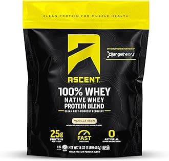 Ascent100% Whey Protein Powder - Post Workout Whey Protein Isolate, Zero Artificial Flavors & Sweeteners, Soy & Gluten Free, 5.5g BCAA, 2.6g Leucine, Essential Amino Acids, Vanilla Bean 1 lb