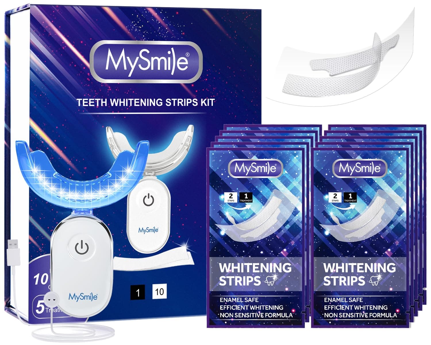 Non-Sensitive 10 Treatment Whitening Strips Kit with LED Light Tray 10 Min Fast Remove Coffee Wine Tobacco 20 Years of Stains Whitening Tooth Care Oral Safe for Enamel