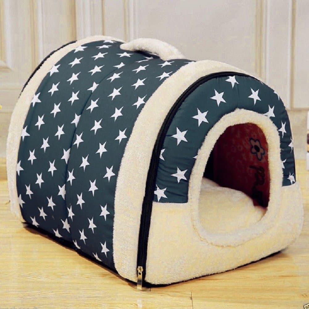 Multi-Function Portable Soft Sided Plush Pillowed Cozy Pet Sleeping House Warm Bed Indoor/Outdoor Small Dog or Cat Convertible Pet House / Bed (L, White Star)