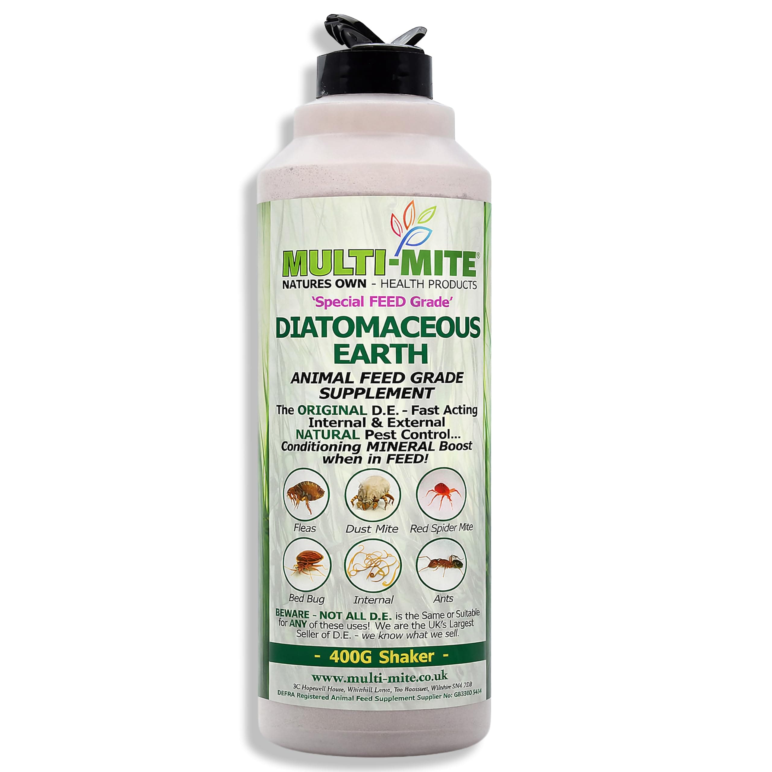 Multi-Mite® 400G SHAKER - Feed Grade DIATOMACEOUS EARTH DE - Red Mite, Fleas and All Animal Lice Control Powder