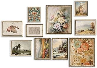 Vintage Gallery Wall Art, Warm Aesthetic Vintage Landscape Art Prints, Antique Butterfly Floral Windmills Sailboat Nautical Art Pictures for Home Bathroom