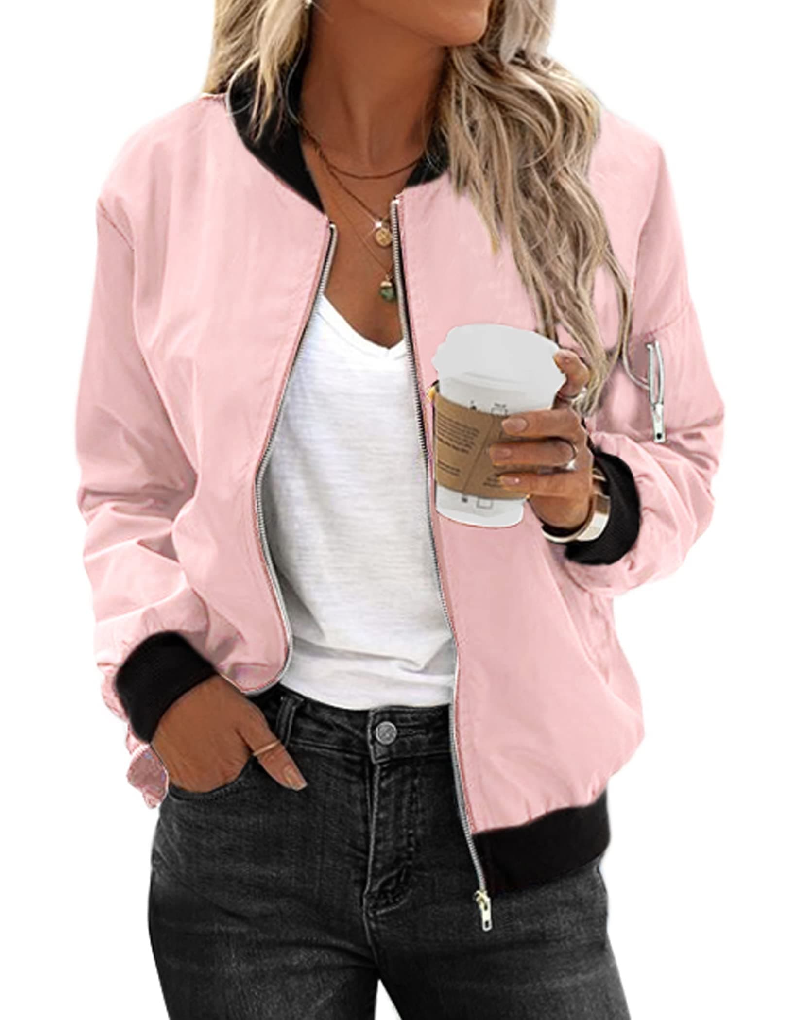 Women's Bomber Jacket Casual Coat Zip Up Spring Fall Clothes with Pockets S-XXL