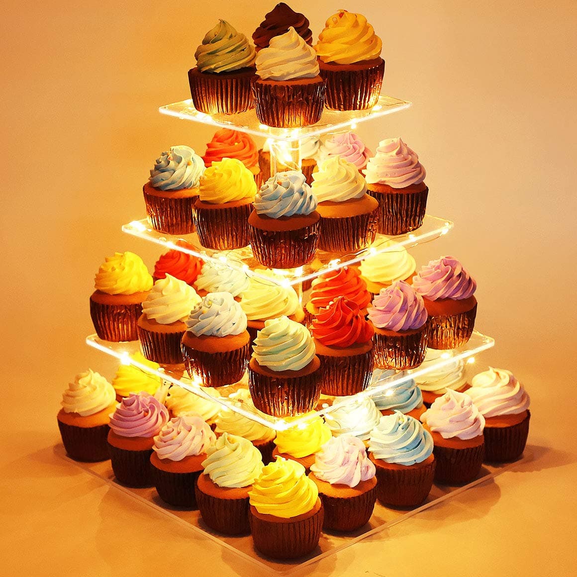 Kootek 4 Tier Square Cupcake Stand with LED String Light Acrylic Dessert Tower Tiered Tree Cake Display Stands Pastry Serving Platter and 4 Pcs Batteriesfor Wedding Birthday Holidays (Yellow)