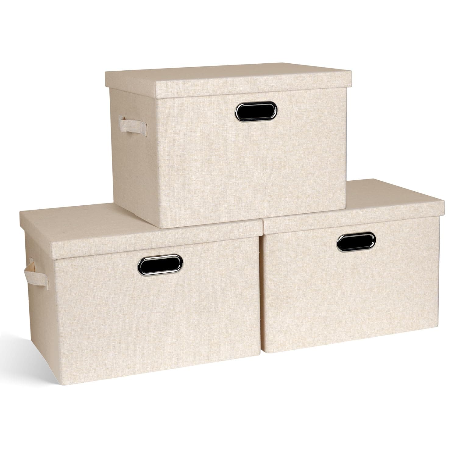 Large 17" 36 Quart Collapsible Stackable Storage Bins with Lids, 3 Packs Light Orange Linen Fabric Closet Boxes with Lids, Storage Cube Baskets Container Organizers for Office (17x12x11)