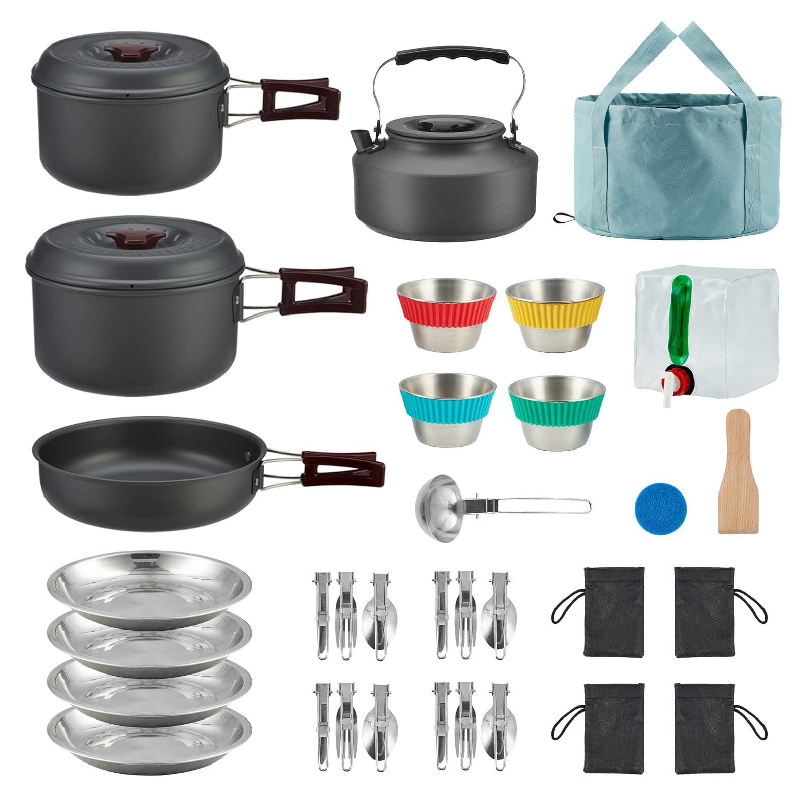 24/13/11/8/4 PCS Camping Cookware Mess Kit Lightweight Backpacking Cooking Set Outdoor Cook Gear for Family Hiking, Picnic(Kettle, Pot, Frying Pan, Bowls, Plates, Spoon)