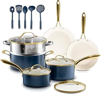 Gotham Steel 15 Pc Kitchen Pots and Pan Set, Non Stick Cookware Set, Pots and Pans Set, Ceramic Cookware Set, Pot Set Cookware Set nonstick, Oven/Dishwasher Safe, Non Toxic, Cream White and Blue