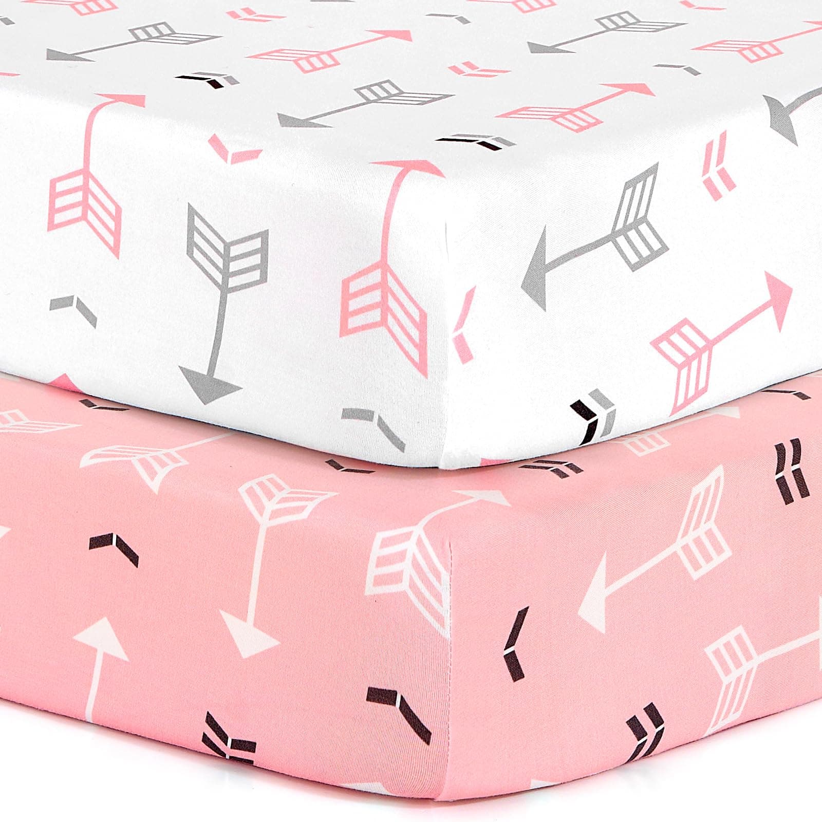 Stretchy Fitted Pack n Play Playard Sheet Set-Brolex 2 Pack Portable Mini Crib Sheets,Convertible Playard Mattress Cover,Ultra Soft Material,Pink & White Arrow Design