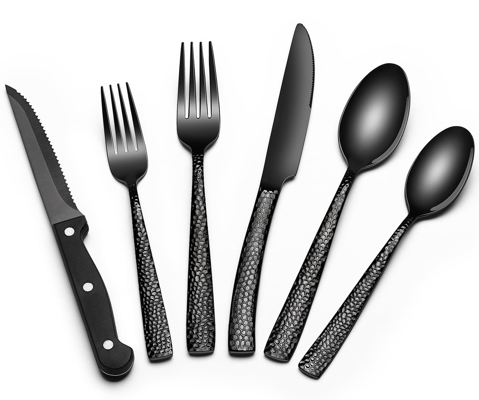 Black Hammered Silverware Set with Steak Knives, 24-Piece Stainless Steel Wave Flatware Set for 4, Food-Grade Tableware Cutlery Set, Utensil Sets for Home Restaurant, Mirror Finish, Dishwasher Safe