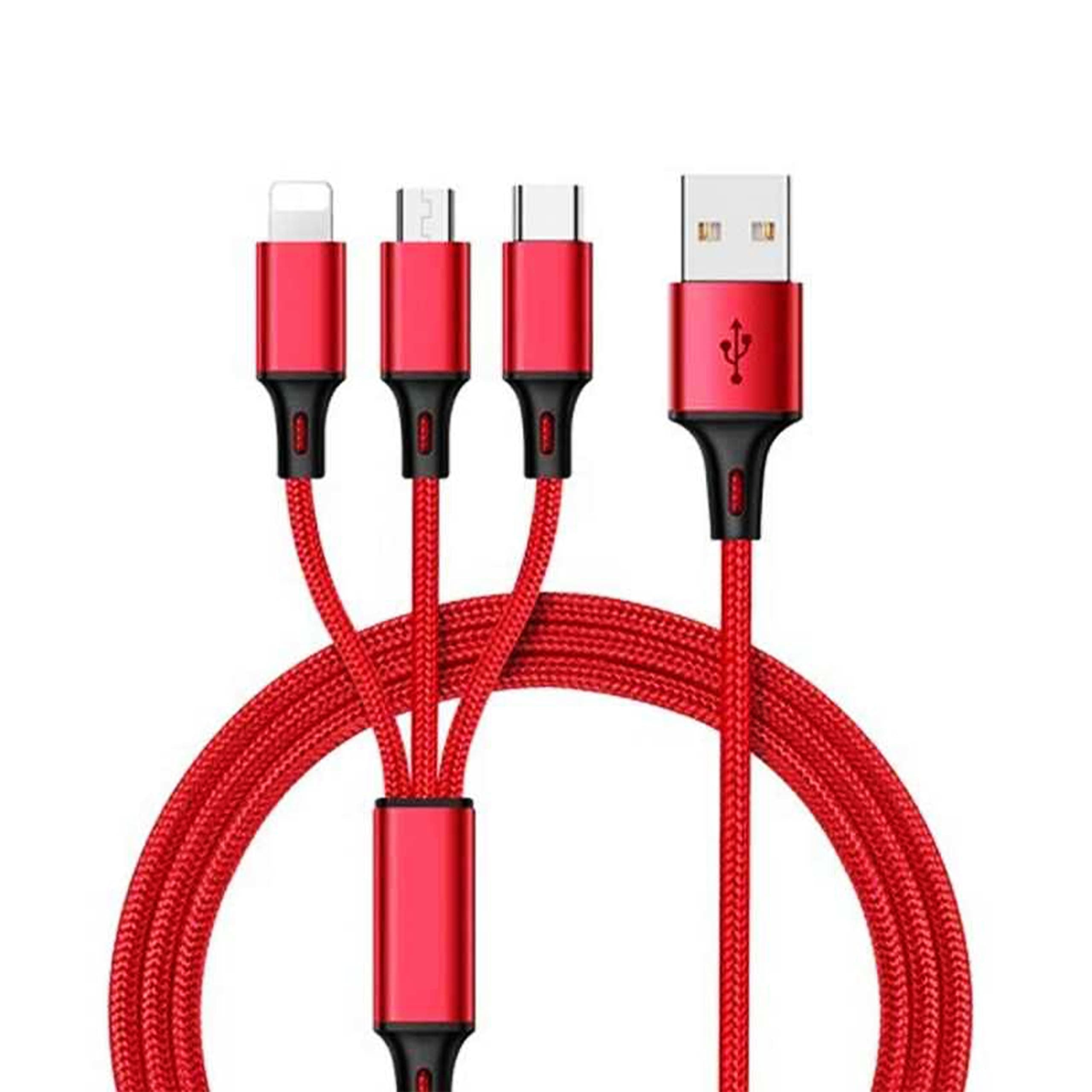 USB Type C Charging Cable 3 in-1 Fast Charging cable for Car with Multiple Charging Ports Length, Type C and USB A Connectors for iPhone, Samsung, Laptop, iPad, (Red Color)