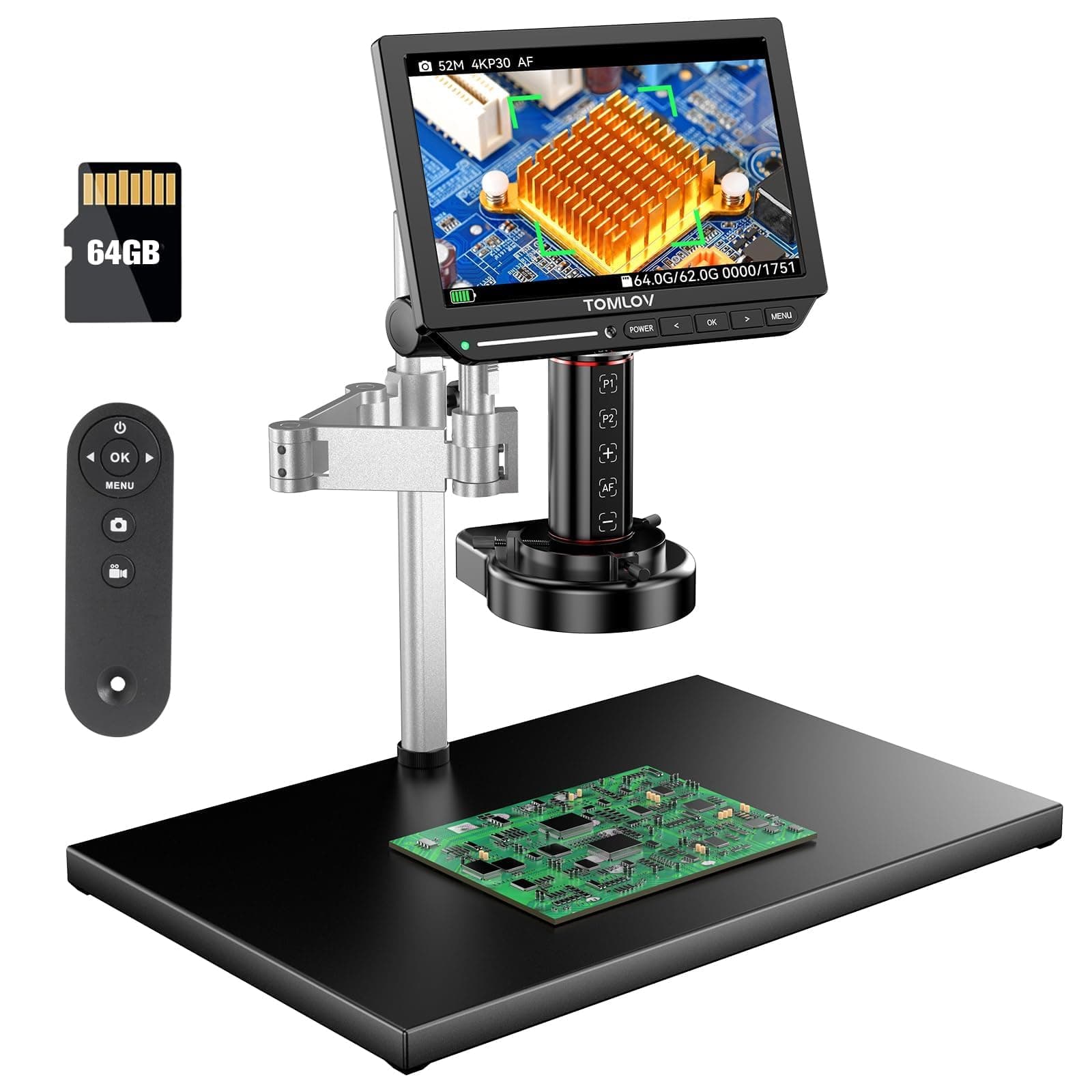 TM4K-AF Max 10.1" HDMI Autofocus Digital Microscope 2000X, 4K IPS Spin Arm Soldering Scopes for Adults, 52MP Magnifier Camera for Coins & Soldering, with Ring Light, PC/TV Compatible, 64GB